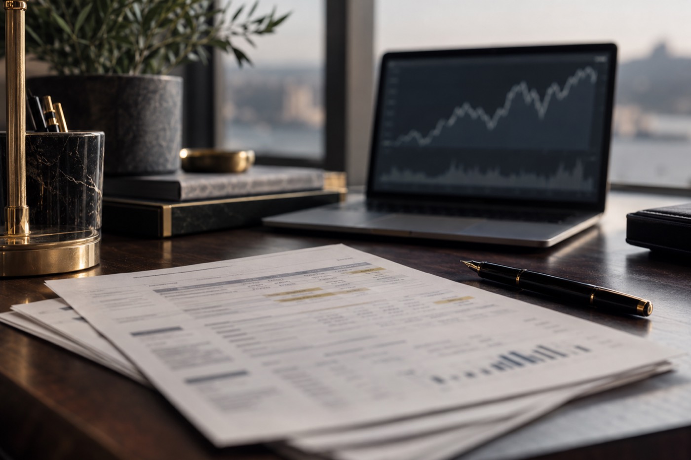 Financial statements and a pen on a walnut desk