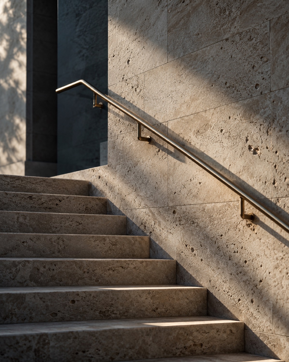 A travertine staircase with a brass handrail in morning light